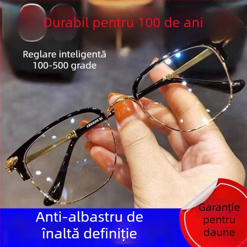 Ochelari de lectura de înaltă calitate, zoom inteligent, reglare automată a dioptriilor, anti-lumină albastră, design fără ramă cu componente din titan, set de lentile