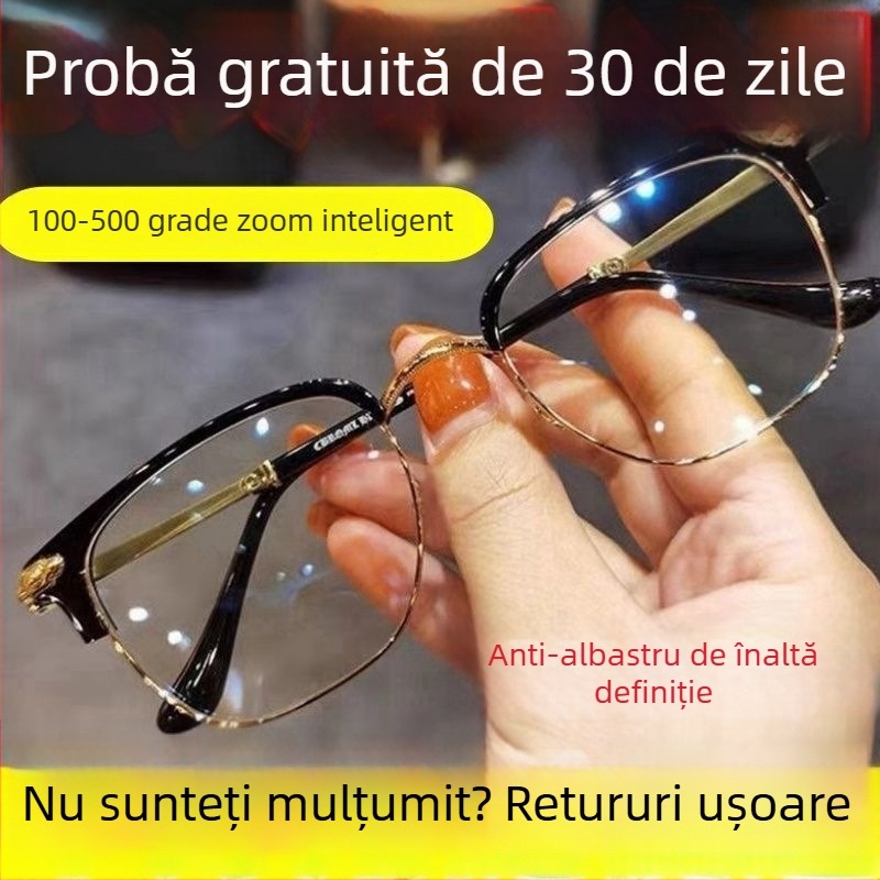 Ochelari de lectura de înaltă calitate, zoom inteligent, reglare automată a dioptriilor, anti-lumină albastră, design fără ramă cu componente din titan, set de lentile