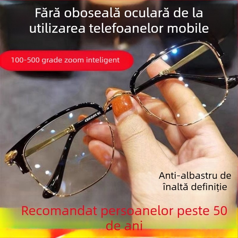 Ochelari de lectura de înaltă calitate, zoom inteligent, reglare automată a dioptriilor, anti-lumină albastră, design fără ramă cu componente din titan, set de lentile