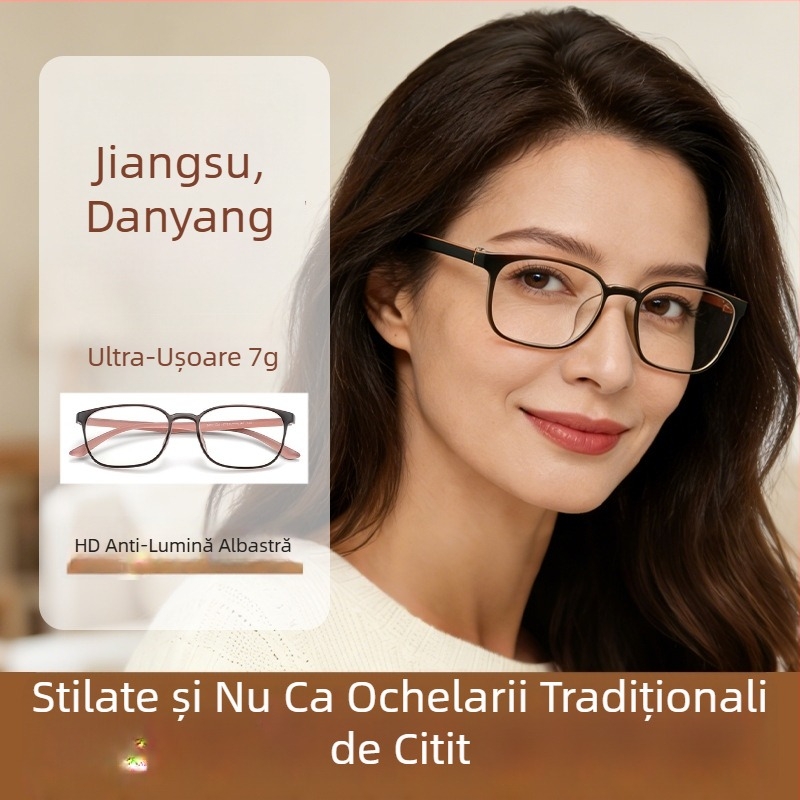 Ochelari de citit ultraușori din cristal pentru femei, protecție împotriva luminii albastre, model 6812, ramă pătrată, lentile de înaltă definiție