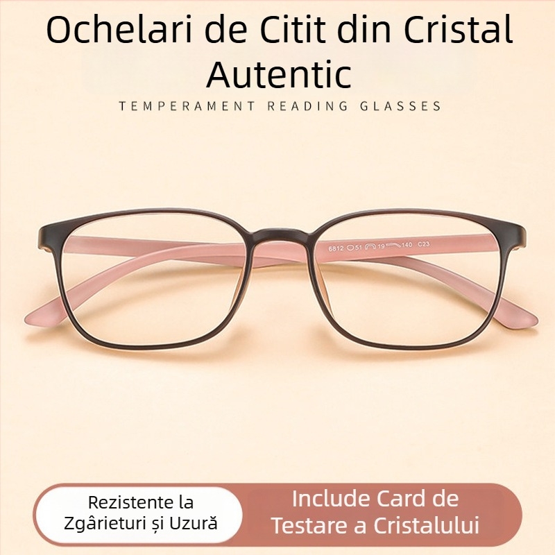 Ochelari de citit ultraușori din cristal pentru femei, protecție împotriva luminii albastre, model 6812, ramă pătrată, lentile de înaltă definiție