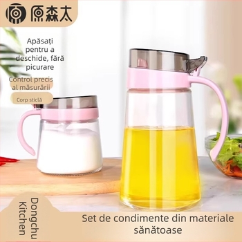 Set din sticlă pentru condimente pentru bucătărie, cu borcan pentru sare, recipient pentru ulei aromat și sticle de condimente din sticlă – design modern minimalist.