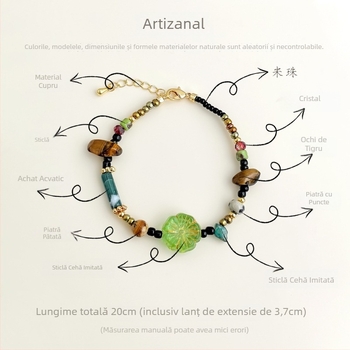 Brățară handmade retro cu mărgele din sticlă cehă, stil chinezesc, ochi de tigru asimetric, flori și forme geometrice.