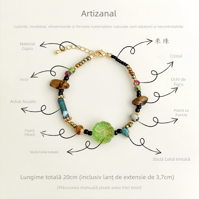 Brățară handmade retro cu mărgele din sticlă cehă, stil chinezesc, ochi de tigru asimetric, flori și forme geometrice.