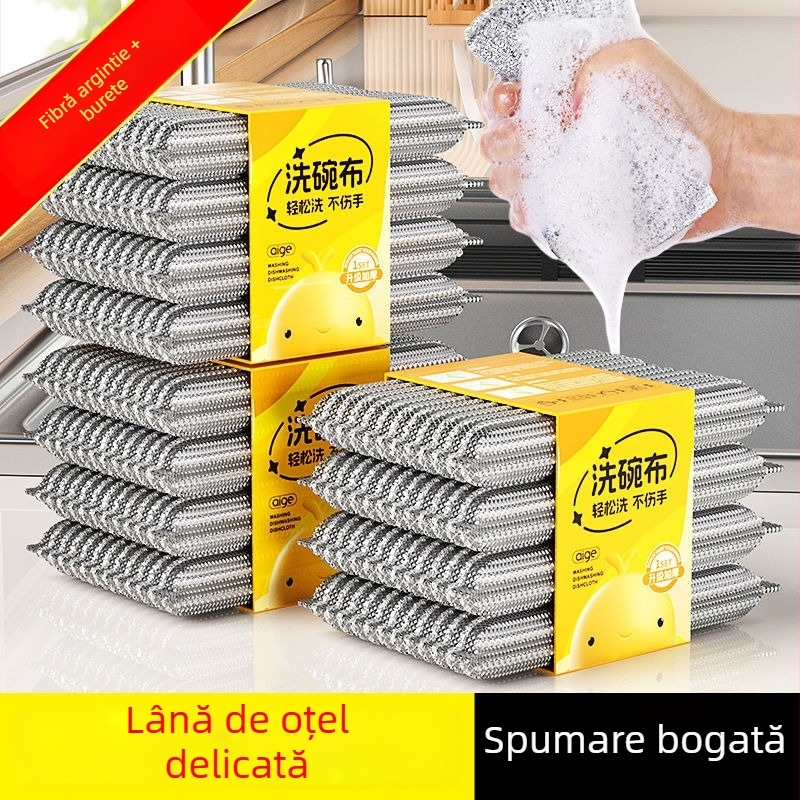 Burete dublu față, argintiu, pentru spălat vase și oale, burete de bucătărie