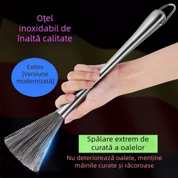 Perie de bucătărie din oțel inoxidabil pentru oale, cu mâner lung, pentru curățare și îndepărtarea reziduurilor de ulei