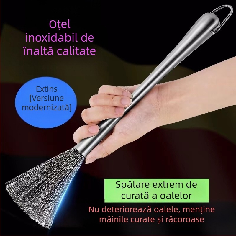 Perie de bucătărie din oțel inoxidabil pentru oale, cu mâner lung, pentru curățare și îndepărtarea reziduurilor de ulei