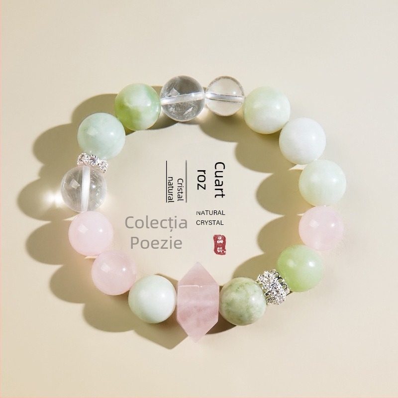 Brățară din jad natural verde, cu mărgele din cristal alb și cuarț roz, accente de cristal cu vârf dublu