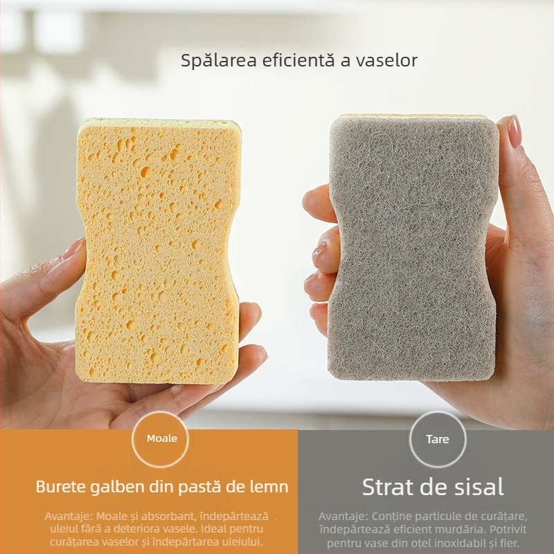 Burete natural din pulpă de lemn și bumbac pentru vase, perie dublă pentru oale și farfurii, îndepărtarea petelor de ulei
