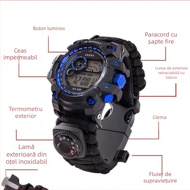 Ceas sport digital impermeabil pentru bărbați, multifuncțional, afișaj luminos, cronograf, alarmă, rezistență la apă 10 m