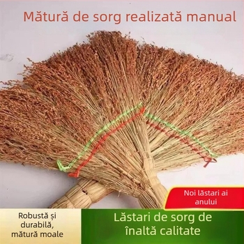 Mătură din sorghum, realizată manual, cu fire îngroșate pentru măturat robust; potrivită pentru casă, exterior, școli și șantiere.