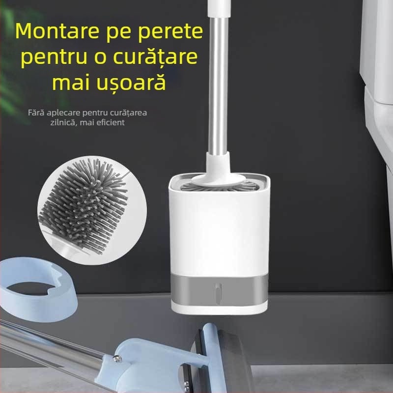 Set de perie pentru toaletă cu cap din silicon, montat pe perete, cu perie pentru plăci și bază
