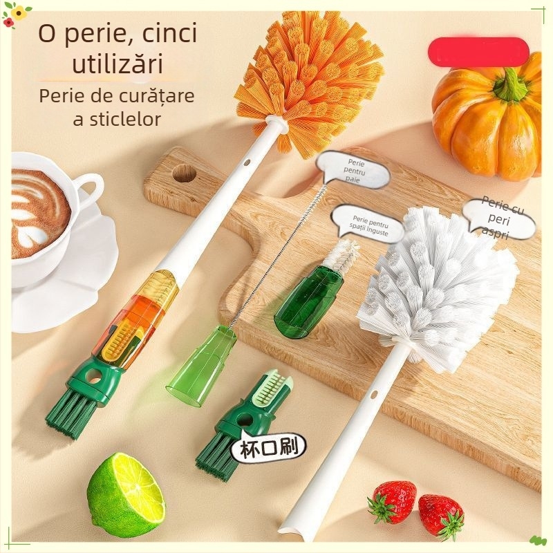 Perie de curățare pentru pahare și sticle, cinci în unu — perie multifuncțională pentru curățarea paharelor, sticlelor și termosurilor