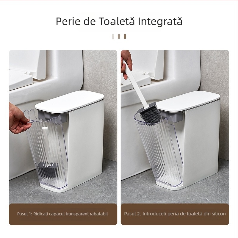 Coș de gunoi pentru baie cu capac, încorporat cu perie de toaletă, design îngust, mecanism de deschidere prin apăsare cu degetul