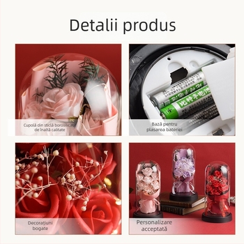 Floare de săpun cu trandafiri păstrați în cupolă de sticlă cu iluminare, ornament decorativ, cadou pentru Ziua Mamei și Ziua Îndrăgostiților