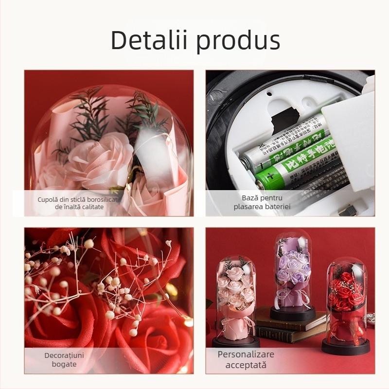 Floare de săpun cu trandafiri păstrați în cupolă de sticlă cu iluminare, ornament decorativ, cadou pentru Ziua Mamei și Ziua Îndrăgostiților