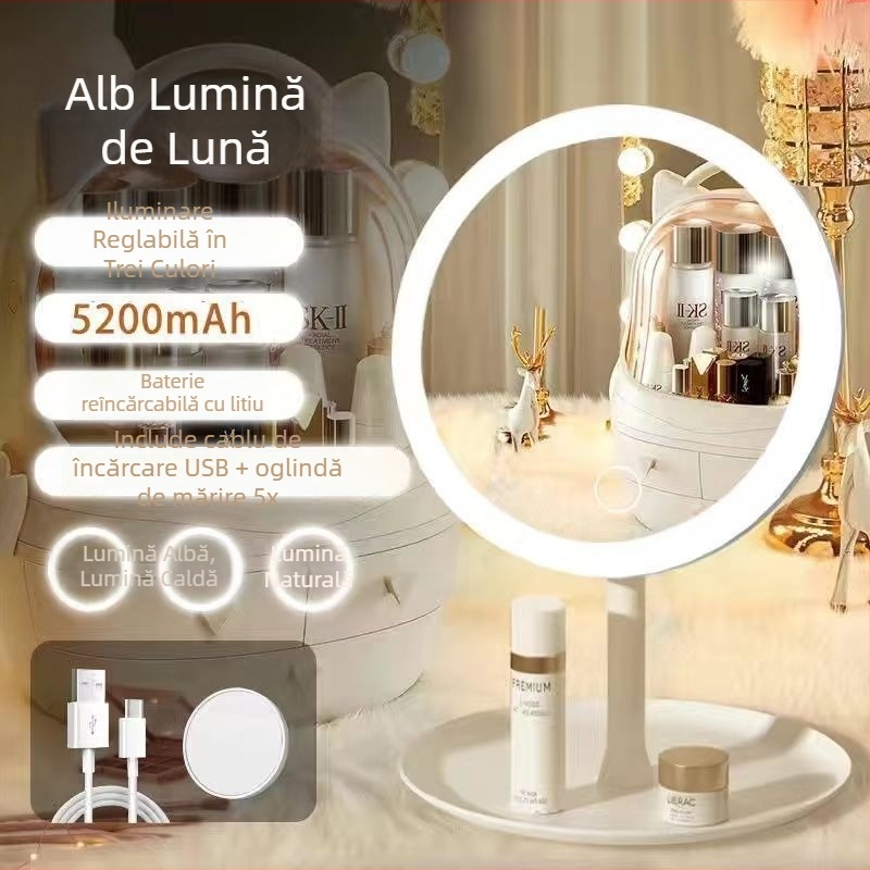 Oglindă de machiaj cu iluminare, pe suport de birou — compactă și portabilă pentru cămin