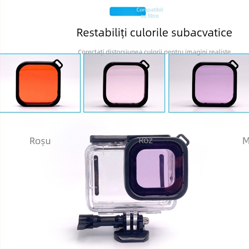 GoPro 9–12 carcasă etanșă cu set de filtre: roșu, roz și mov
