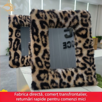 Oglindă de machiaj de birou, cu față unică, imprimeu leopard, acoperire velur pe placă MDF, cadru din lemn