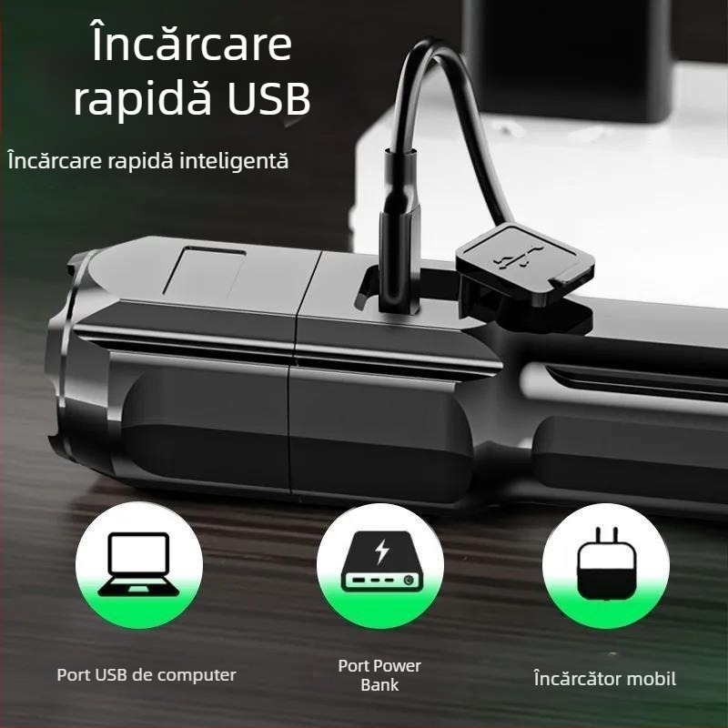 Lanternă LED reîncărcabilă cu spot, fascicul de lungă rază, portabilă, ultra-luminoasă pentru exterior și uz casnic