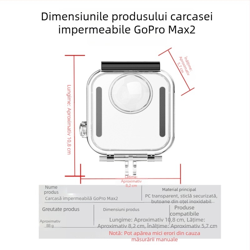 Carcasă etanșă GoPro Max2 pentru cameră de acțiune panoramică – filtru transparent și set de accesorii pentru înot și scufundări