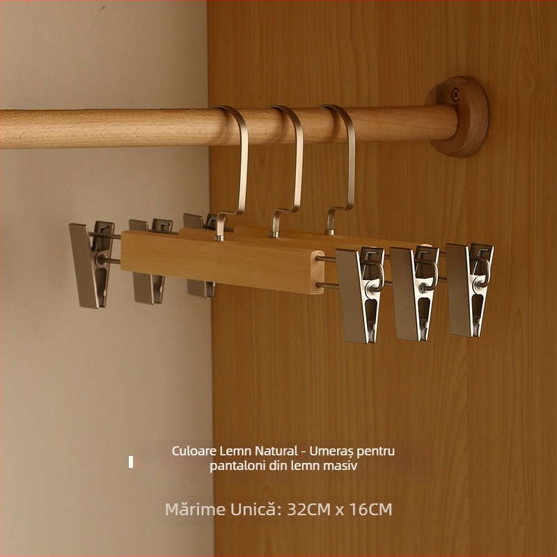 Cuier extensibil pentru pantaloni cu clipsuri — suport din lemn pentru haine, economisește spațiul