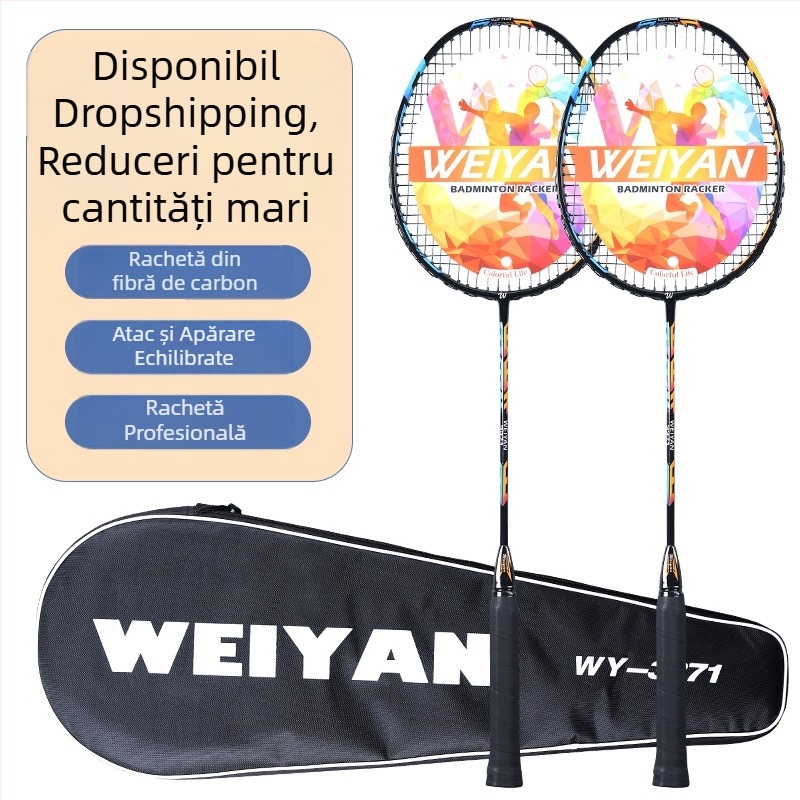 Set de două rachete de badminton din fibră de carbon, complet, ultraușoare