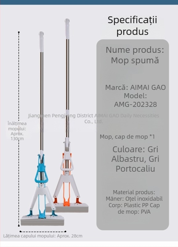 Mop cu burete, cap absorvent din cauciuc-bumbac, mâner telescopic de 130 cm