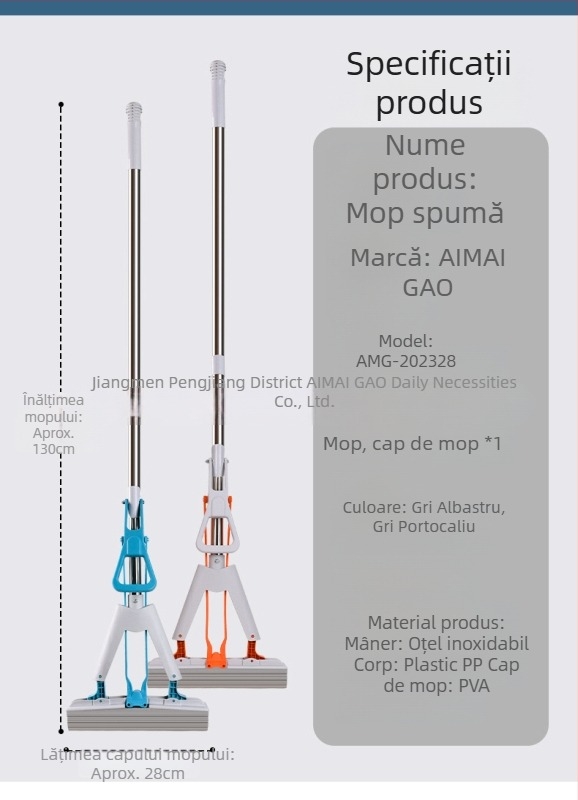Mop cu burete, cap absorvent din cauciuc-bumbac, mâner telescopic de 130 cm