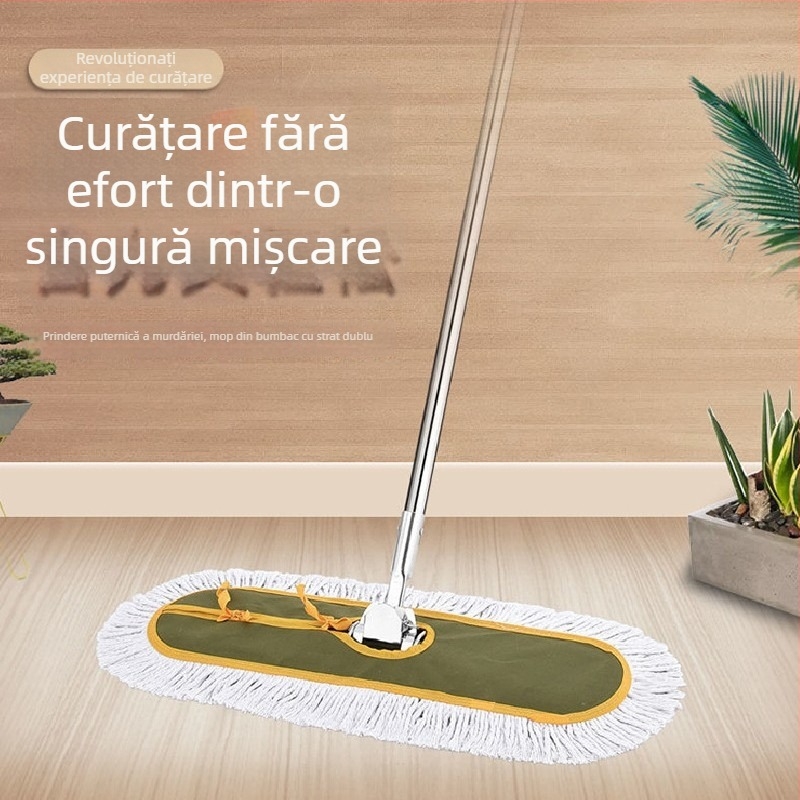 Mop de praf din oțel inoxidabil, pentru utilizare umedă și uscată, culoare verde militar, cap de material textil înlocuibil (fir de bumbac), mop plat