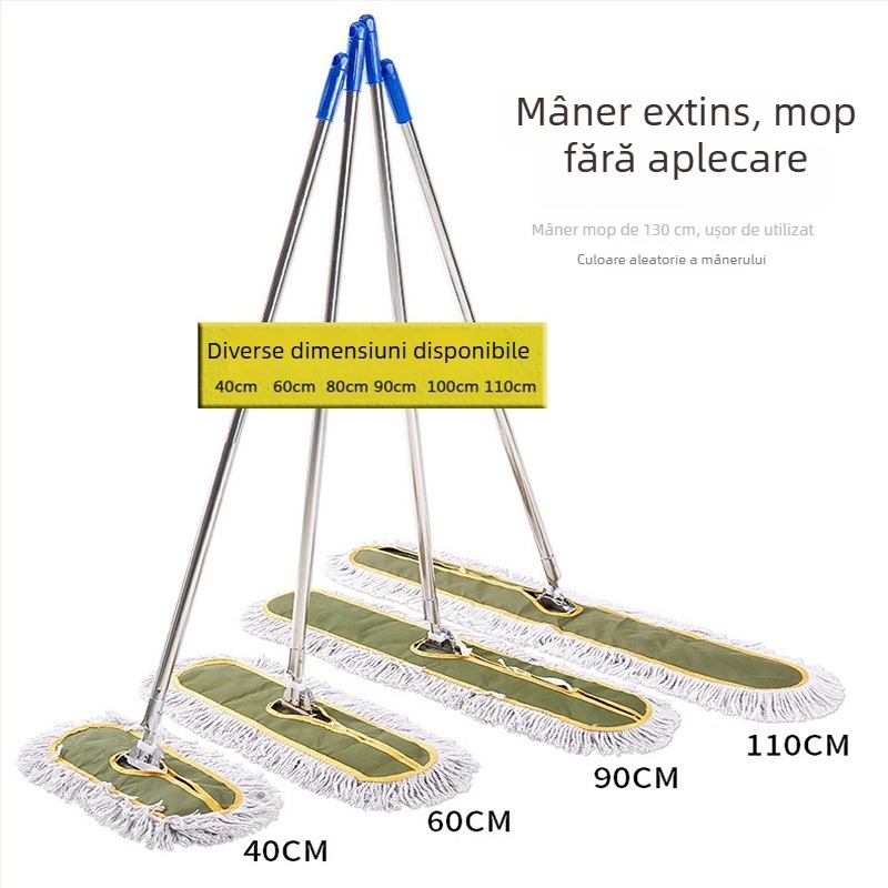 Mop de praf din oțel inoxidabil, pentru utilizare umedă și uscată, culoare verde militar, cap de material textil înlocuibil (fir de bumbac), mop plat