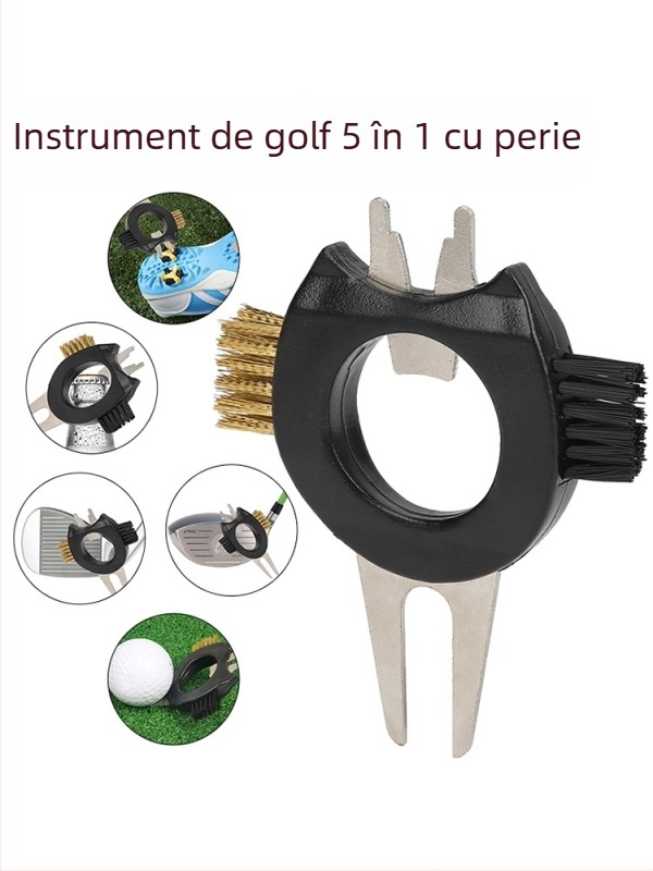 Unelte golf 5 în 1: furculiță pentru green, deschizător de sticle, îndepărtător de țepi pentru pantofi, perie de curățare