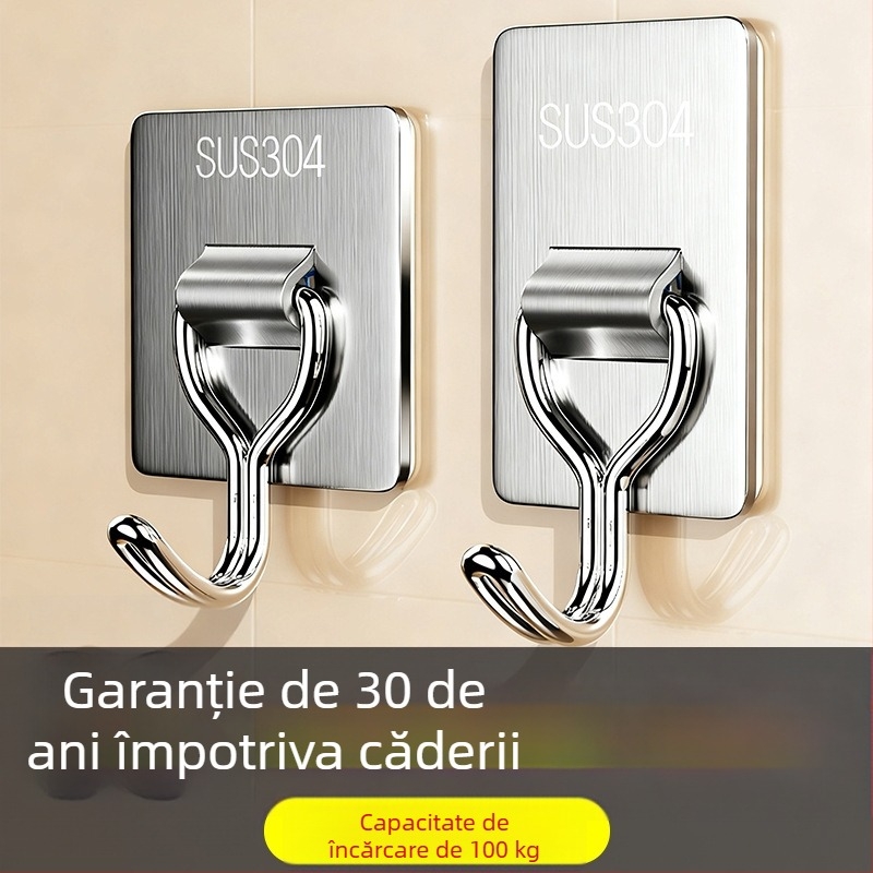 Cuier adeziv fără găuri, din oțel inoxidabil 304, gros, încărcătură 1–3 kg, pentru bucătărie și baie