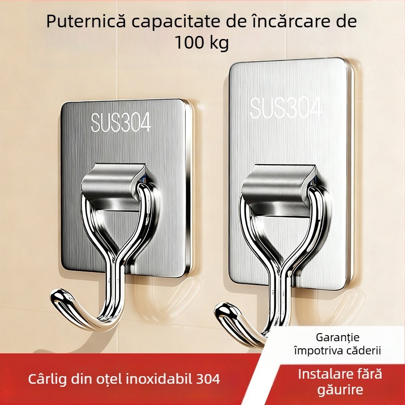 Cuier adeziv fără găuri, din oțel inoxidabil 304, gros, încărcătură 1–3 kg, pentru bucătărie și baie