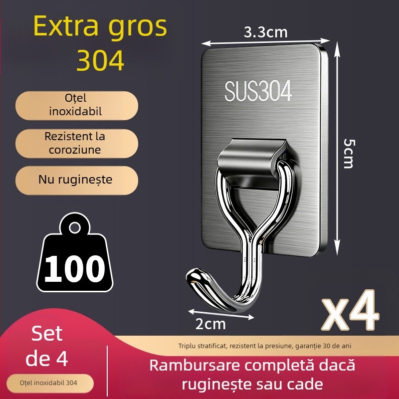 Cuier adeziv fără găuri, din oțel inoxidabil 304, gros, încărcătură 1–3 kg, pentru bucătărie și baie