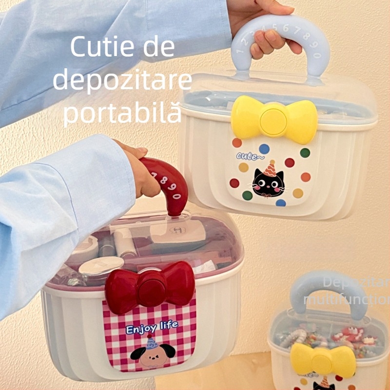 Cutie de depozitare portabilă, multifuncțională cu capac, organizator transparent cu două niveluri pentru accesorii de păr și bijuterii, cutie creativă drăguță pentru medicamente