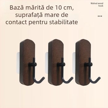 Cuier din lemn cu bază adezivă, fără găuri, finisaj nuc negru pe fag, pentru chei, prosoape și haine.