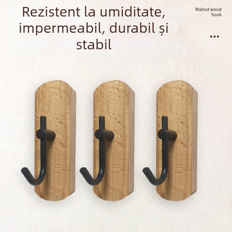 Cuier din lemn cu bază adezivă, fără găuri, finisaj nuc negru pe fag, pentru chei, prosoape și haine.