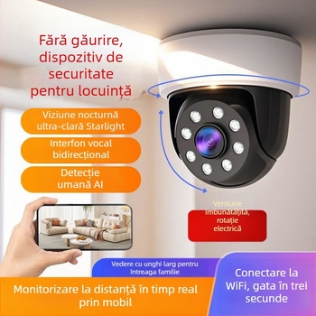 Camera de supraveghere internă, inteligentă, 1080p, rotire la 360°, montaj pe tavan fără găuri, pentru casă și birou; intercom în timp real, urmărire pe mobil, recunoaștere a persoanelor