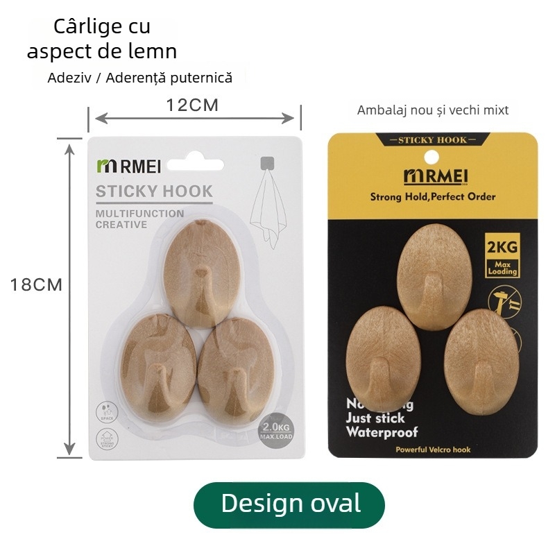 Cuier cu aspect lemn, stil Nordic, formă ovală-pătrată, într-o singură piesă, cu montaj adeziv, fără găuri, pentru bucătărie, baie, sufragerie și dormitor