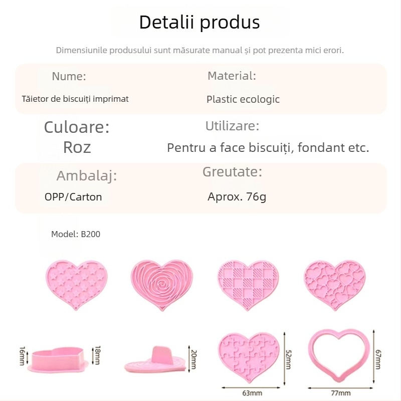 Set de biscuiți în formă de inimă, cu ștampilă și mâner, din plastic alimentar