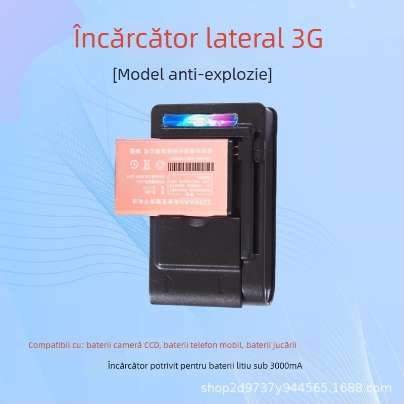 Încărcător universal USB cu bază laterală 3G – protecție împotriva exploziei pentru baterii Li-ion, telefoane mobile, camere CCD și baterii de jucării