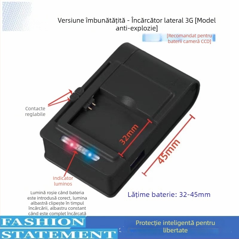 Încărcător universal USB cu bază laterală 3G – protecție împotriva exploziei pentru baterii Li-ion, telefoane mobile, camere CCD și baterii de jucării