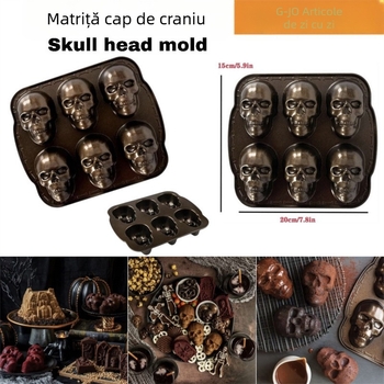Formă 3D pentru prăjituri cu craniu auriu, din aliaj de aluminiu, rezistentă la temperaturi înalte, dimensiuni 20×15×1.8 cm