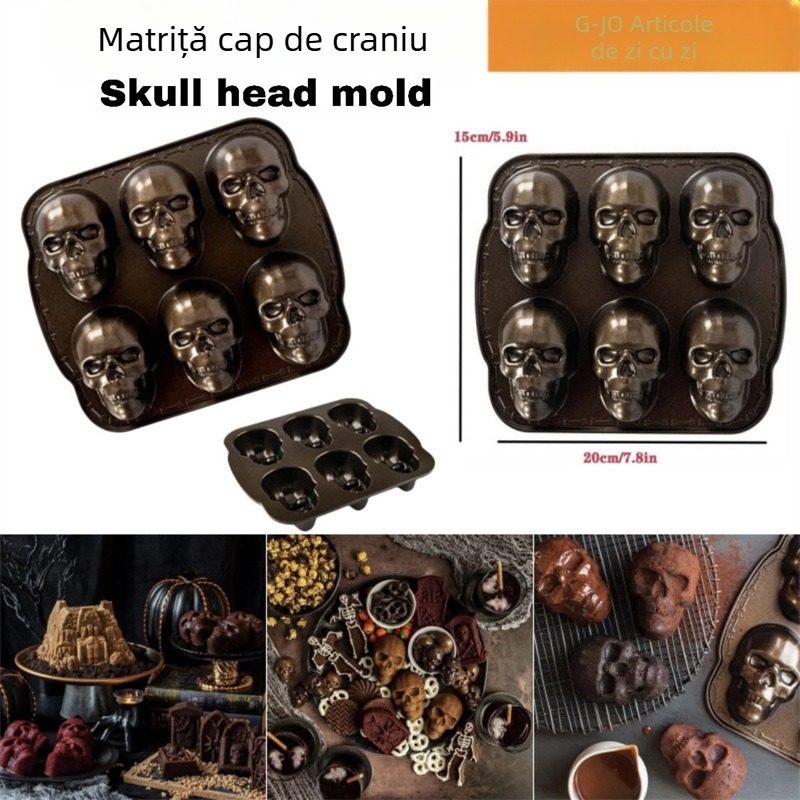 Formă 3D pentru prăjituri cu craniu auriu, din aliaj de aluminiu, rezistentă la temperaturi înalte, dimensiuni 20×15×1.8 cm
