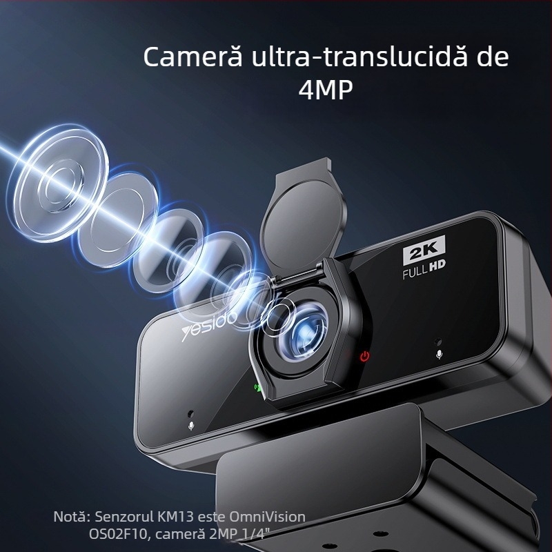 Yesido Cameră de streaming 2K cu USB Plug‑and‑Play, autofocus și unghi reglabil pentru PC