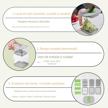 Tăietor de legume multifuncțional pentru cuburi, felii și răzuire, feliator de ceapă și cârnat