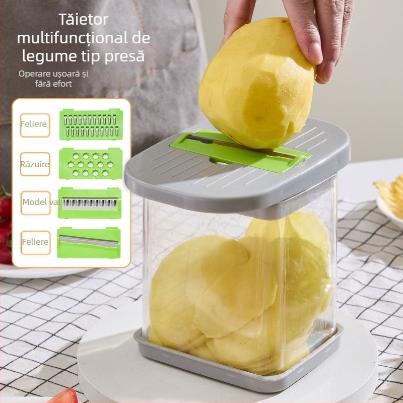 Tăietor de legume multifuncțional pentru cuburi, felii și răzuire, feliator de ceapă și cârnat