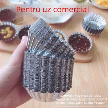 Set de forme de unică folosință pentru cofetărie: cupe în formă de crizantemă, forme circulare pentru tarte și budincă; folie de aluminiu pentru coacere.
