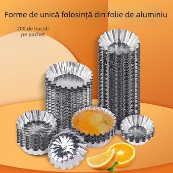 Set de forme de unică folosință pentru cofetărie: cupe în formă de crizantemă, forme circulare pentru tarte și budincă; folie de aluminiu pentru coacere.